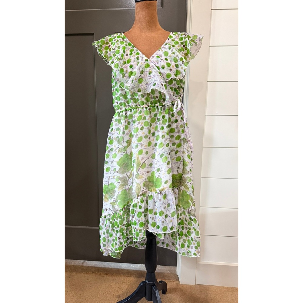 Sapogee Green Botanical Polka Dot High Low Wrap Dress Ruffle Flutter Sleeve M